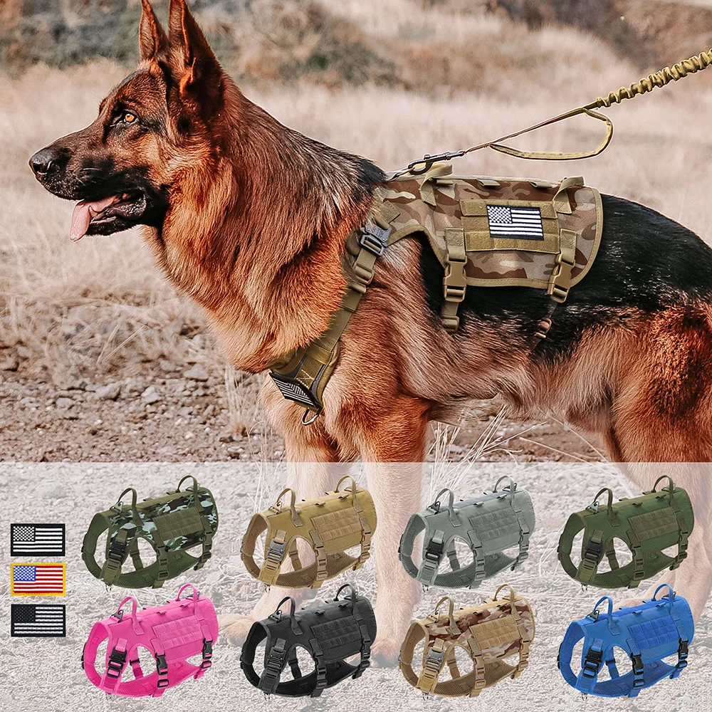

Military Tactical Dog Harness with Flags Durable Strong Dogs Vest Harnesses Free Patches for Pet Training Walking Hiding S M L