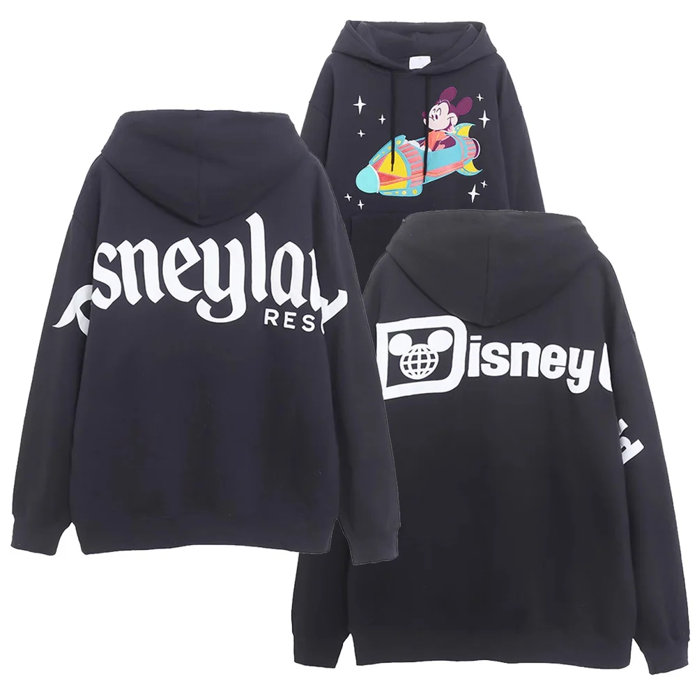 Disney Black Hooded Sweatshirt Women Zip Up Hoodies Embroidery Rocket Jacket Disneyland Letter Casual Jumper Tops Unisex Couple