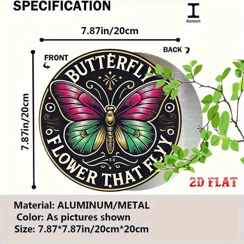 2D Flat - One-Piece Round Aluminum Sign with a 2D Flat Iconic Design, Featuring a Colorful Butterfly. Measuring 7.87 Inches