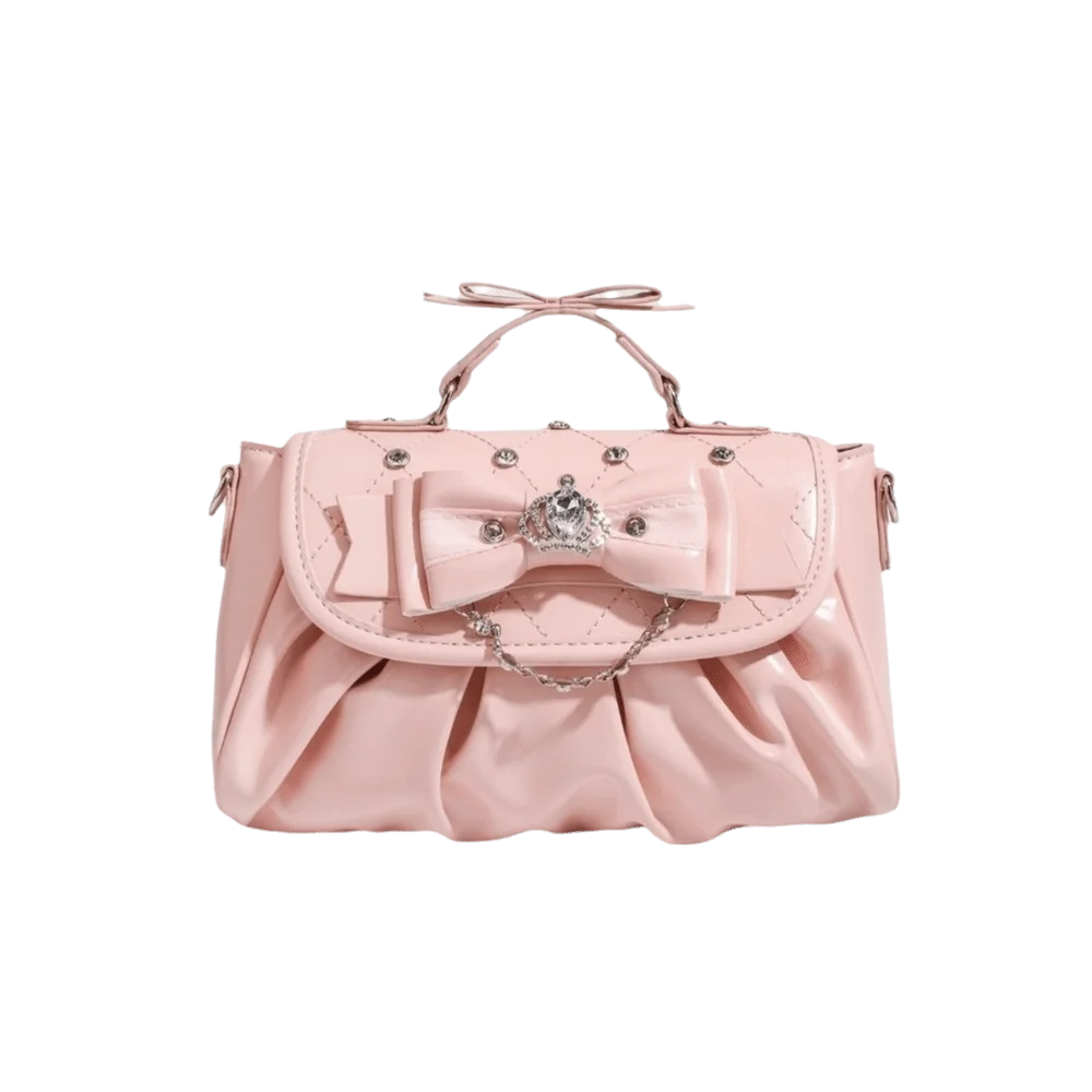 

High-end PU Leather Lolita Shoulder Bag Rhinestone Pleated Bow Crossbody Bag Crown Elegant Underarm Bag Commute