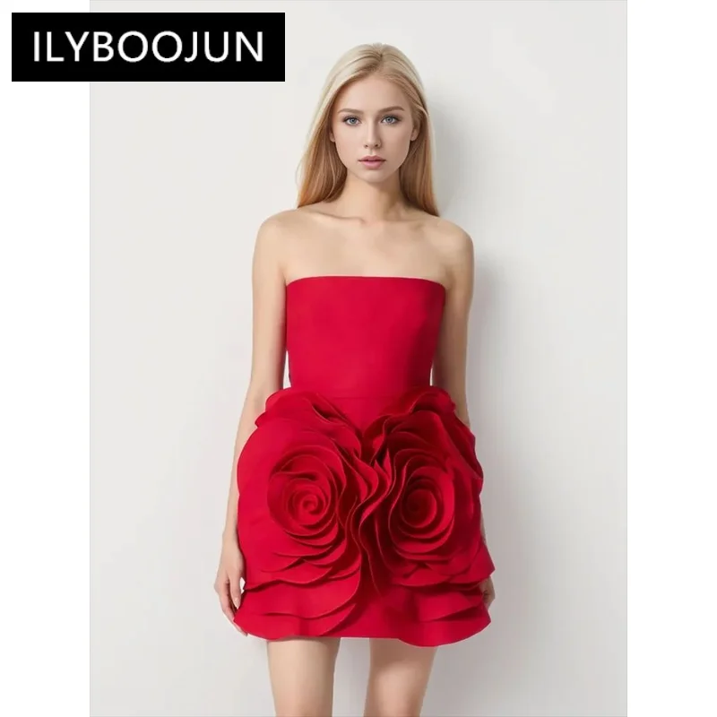 

ILYBOOJUN Solid Sexy Patchwork Appliques Dress For Women Strapless Sleeveless High Waist Spliced Zipper Chic Dresses Female