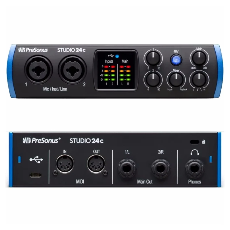 PreSonus Studio 24C tarjeta de sonido de interfaz de audio ultra alta con 2 preamplificadores de mircophone para grabación de definición ultra alta, mezcla