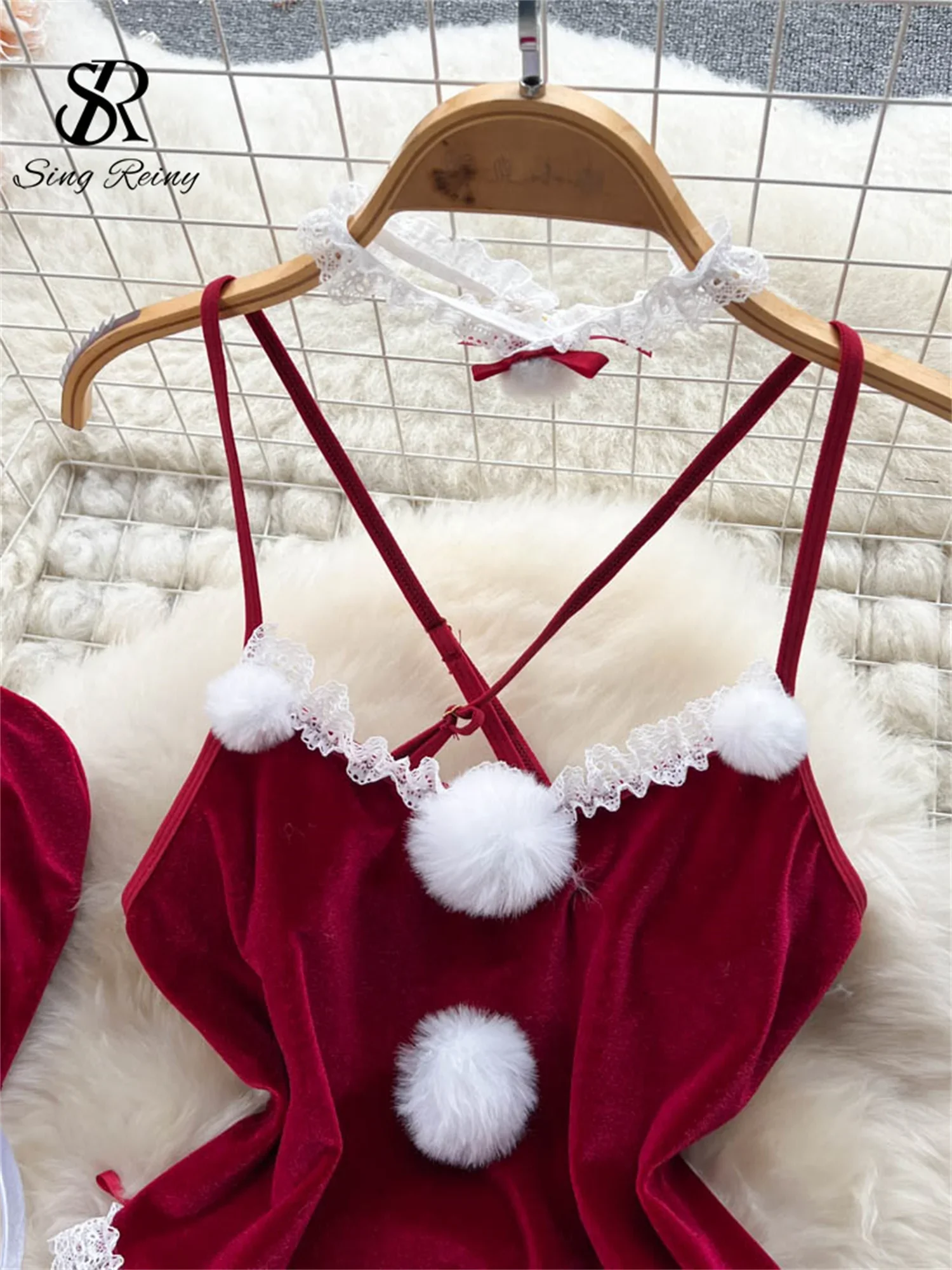 SINGREINY-body erótico de Navidad Porno para mujer, ropa de dormir ajustada con tirantes de piel y empalme de encaje, mono Sexy de sirvienta de conejo 2023
