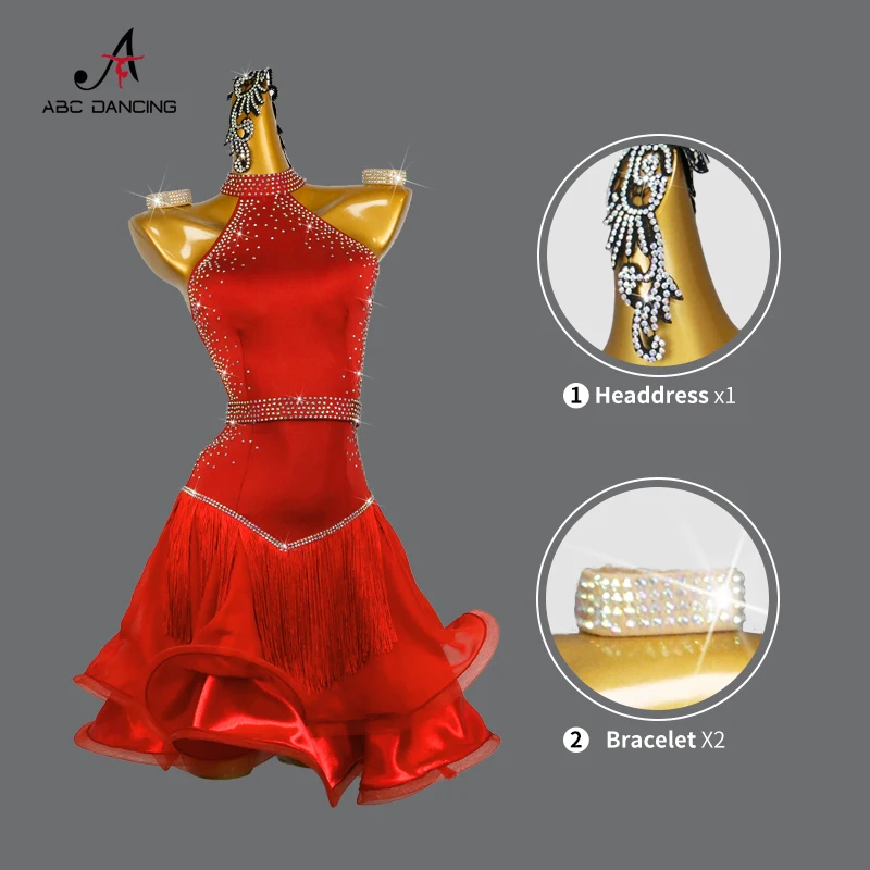 Neue rote latein amerikanische Kleid Tanz wettbewerb sexy träger losen Rock für Frauen Diamant Mädchen Ball Party Kleidung Bühne sexy Linie Anzug Midi