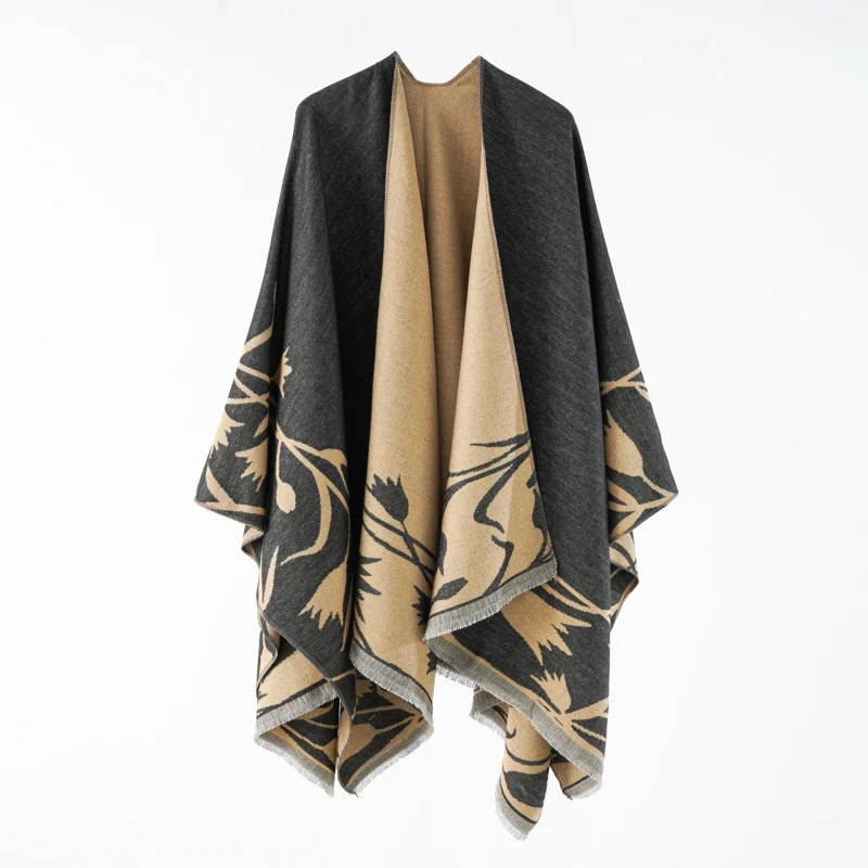 A ladies\' double-sided scarf in autumn and winter Jacquard cashmere split cloak warm shawl