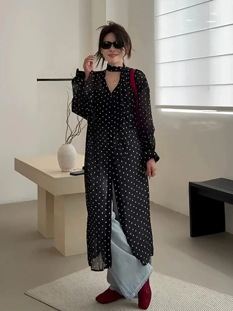 Elegant Polka Dot Long Sleeve Dress Women's Loose Design Summer Sun Protection Skirt French Style A-Line Silhouette V-Neck