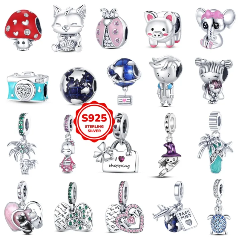 Charm 925 Pure Silver Pink Pendant Pink Ladybug Bead Pendant Bracelet Necklace Beads DIY Jewelry Accessories