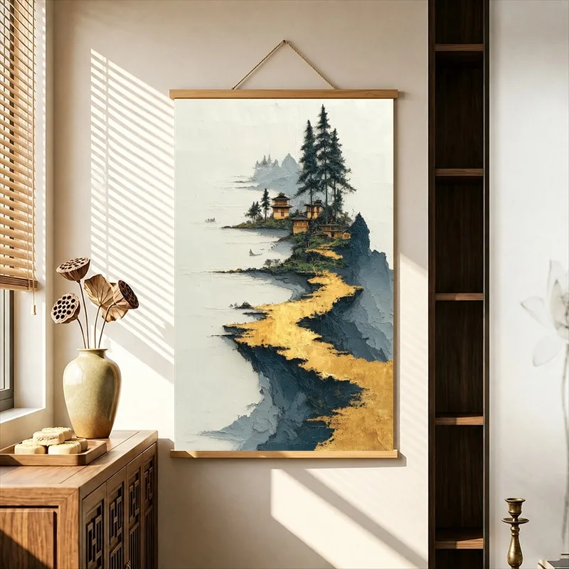Wall Art Ink Mountains with Golden Mist, Zen Luxury Pearlescent Canvas Hanging Scroll with Wooden Rods for Boutique Hotel