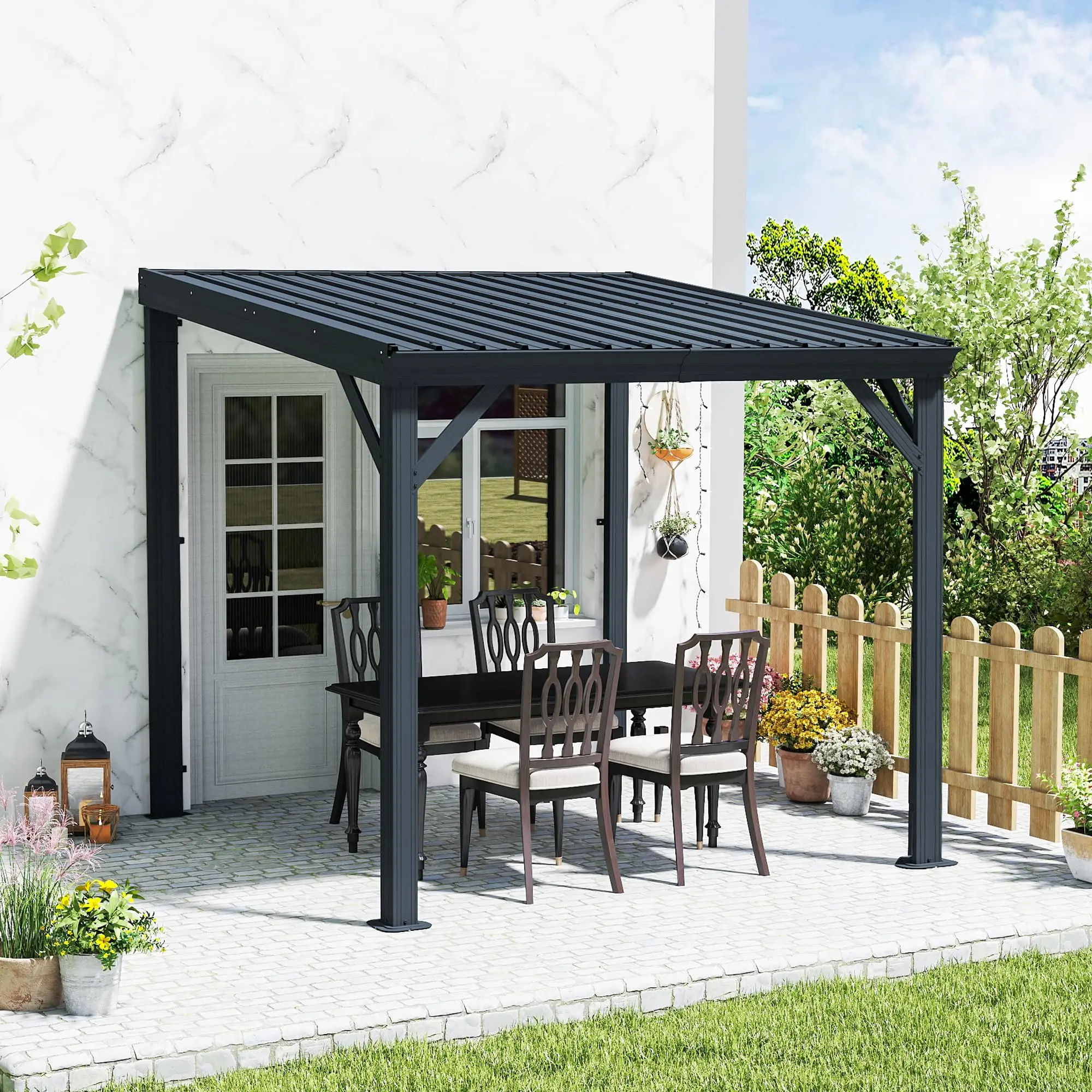 Wall Mounted Heavy Duty Wall Mounted Sloped Pergola Gazebo Integrated Built In Drainage System Waterproof Protective Canopy