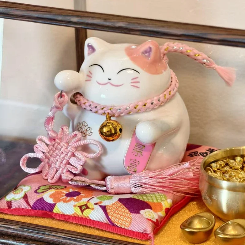 6.5 Inch Pink Ceramic Maneki Neko Ornament Lucky Cat Figure Home Decoration Fortune Cat Centerpiece with Gift Box