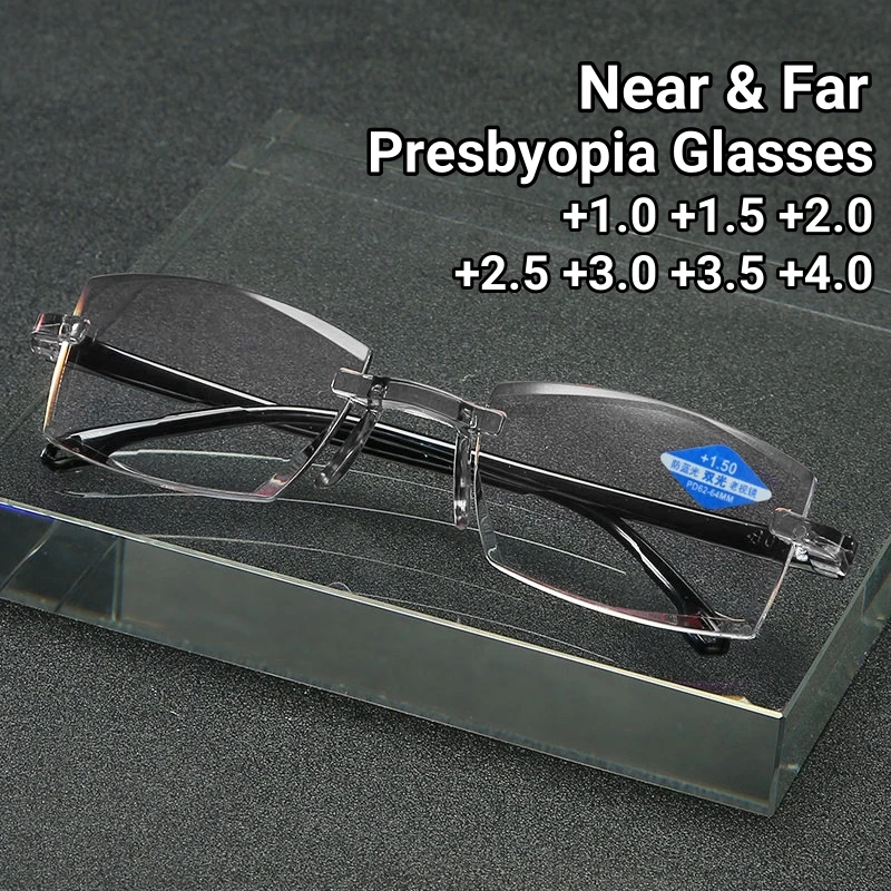 

2024 Classic Square Near and Far Eyeglasses Bifocal Rimless Reading Glasses for Men Women HD Lens Blue Light Blocking Eyewear