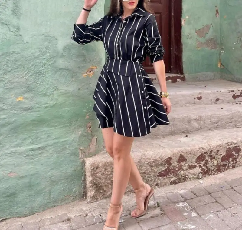 

Elegant Women's Dresses Autumn Fashion Women's Black Striped Dress with Lapel Button Down Shirt Long Sleeved High Waisted Dress