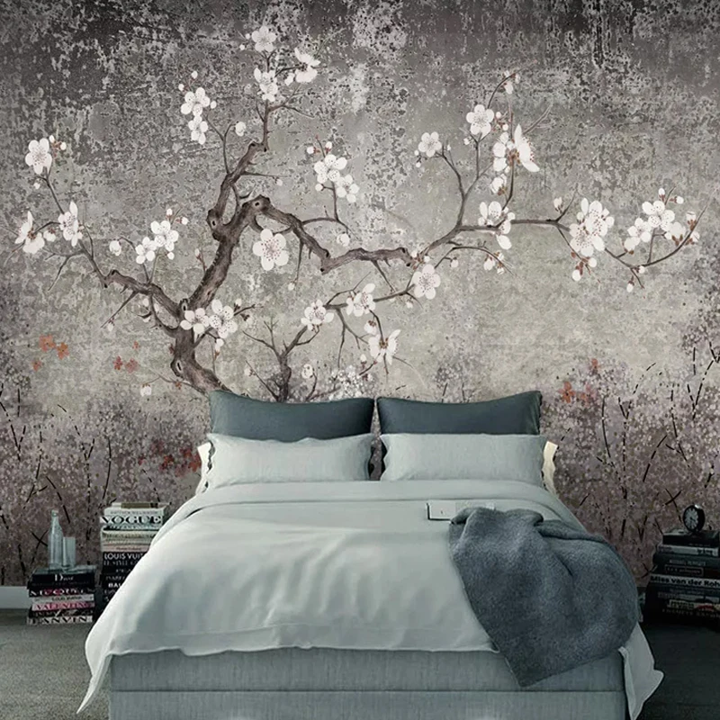 Chinese Style Retro Plum Blossom Wall Mural Custom Photo Wallpaper Hand Painted Flowers Birds Wall Painting for Living Room