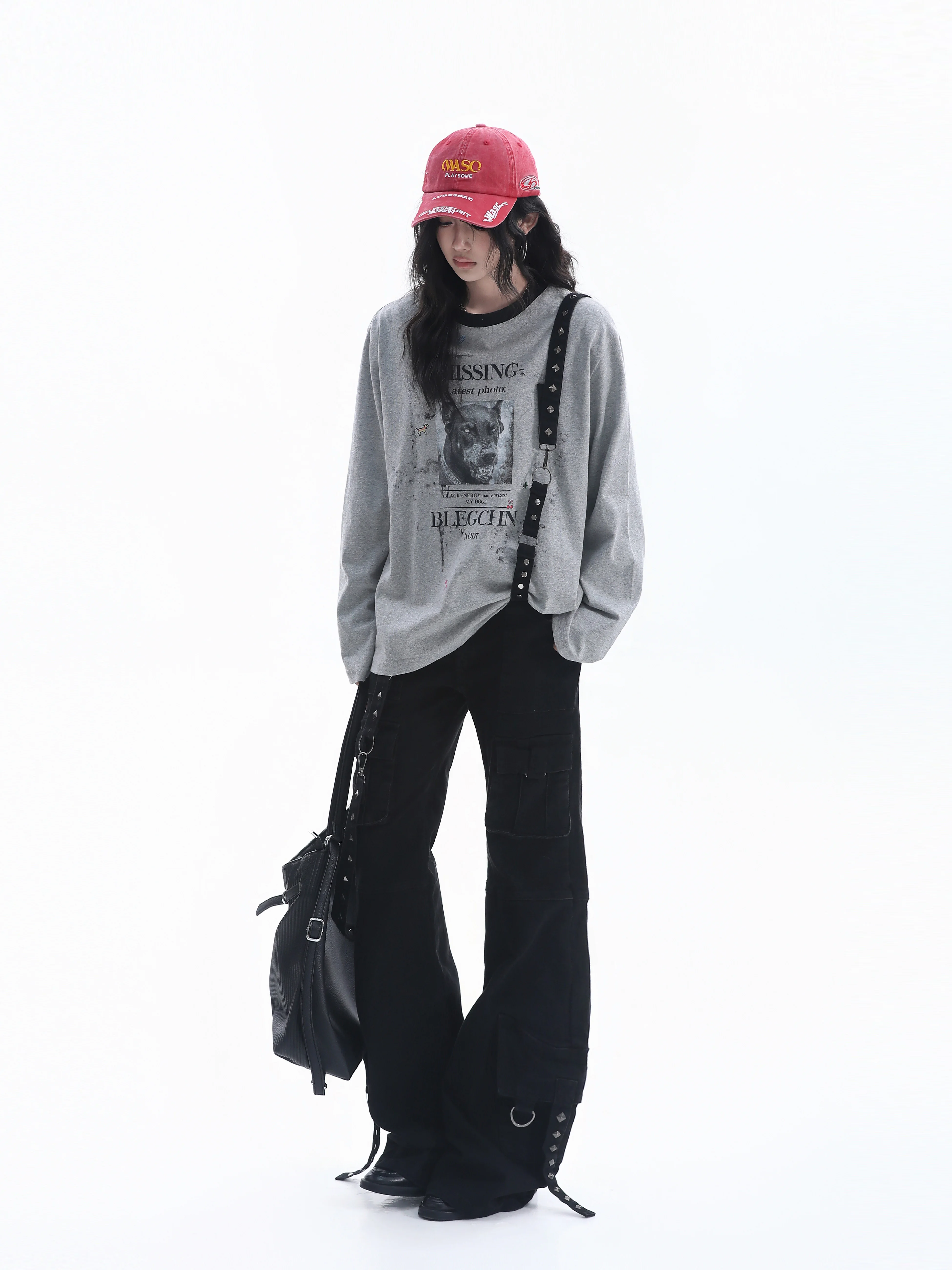 American Style Long Sleeve Dog Print T-Shirt Women's Oversize Street BF Trendy Brand Cotton Casual Style round Neck Top