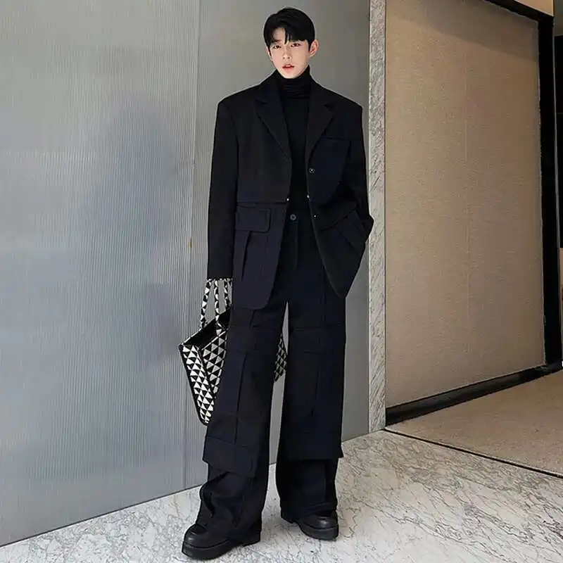 LUZHEN 2025 Spring Fashion New Loose Blazer Jacket Straight Casual Pants Men\'s Elegant Trendy Two-piece Sets Many Pockets Ad8405