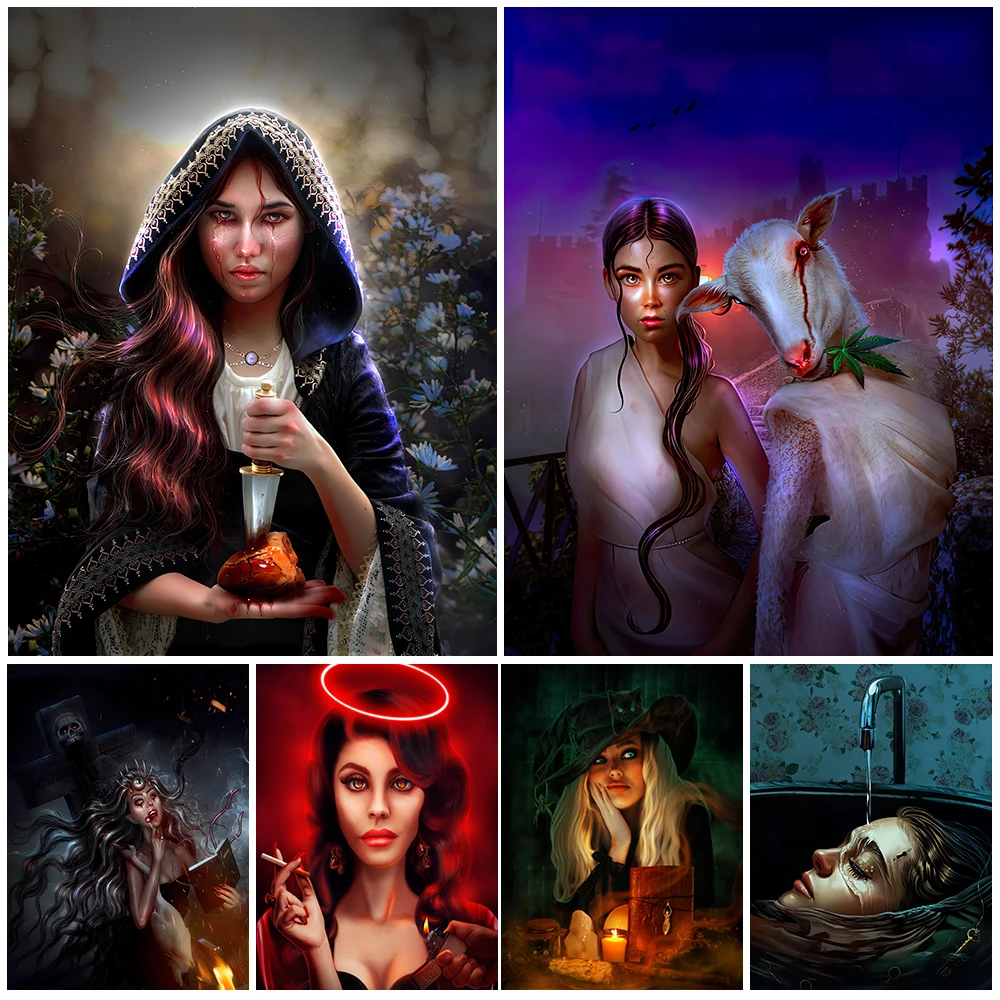 Enchanted Sister And The Bored Little Witch Vintage Wall Art Canvas Painting Home Decor Witchcraft Poster And Prints Unframed