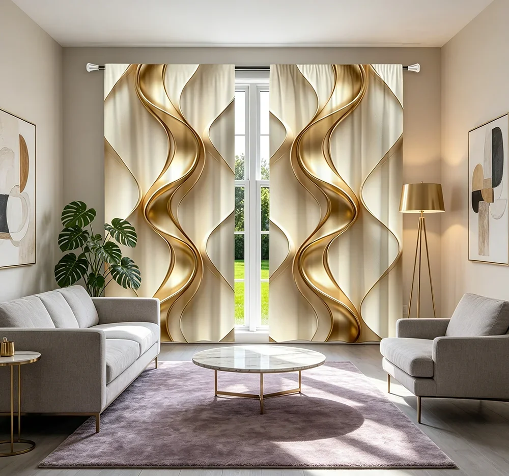 2PCS Digital Printed Curtains, Golden Wave Abstract Fluid Metallic Luxury, Modern Home Decor Style for Living Room Bedroom Decor