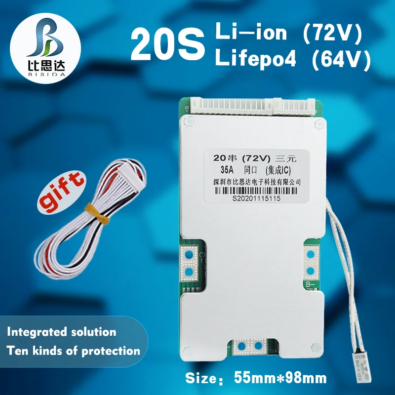 

Bisida Lifepo4 Battery BMS 60V 20S 40A/50A/80A/100A/120A PCB Rechargeable Protection Board Common Port With Balanced