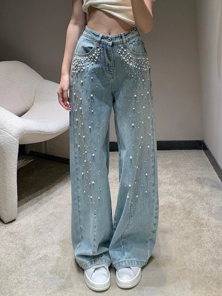 

Джинсы женские больших размеров в американском ретро-стиле, с жемчугом и стразами, изогнутого кроя, с высокой талией, свободные, широкие штанины, длинные, весна-осень