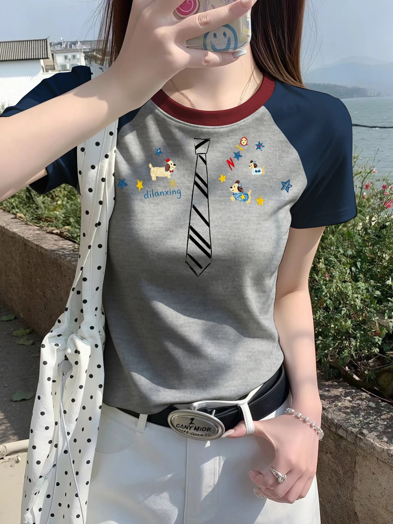 Korean Style Anti-Aging Fun Print Short Sleeve T-Shirt Women Grey Color Block Collar Slimming Commute Versatile Summer Top