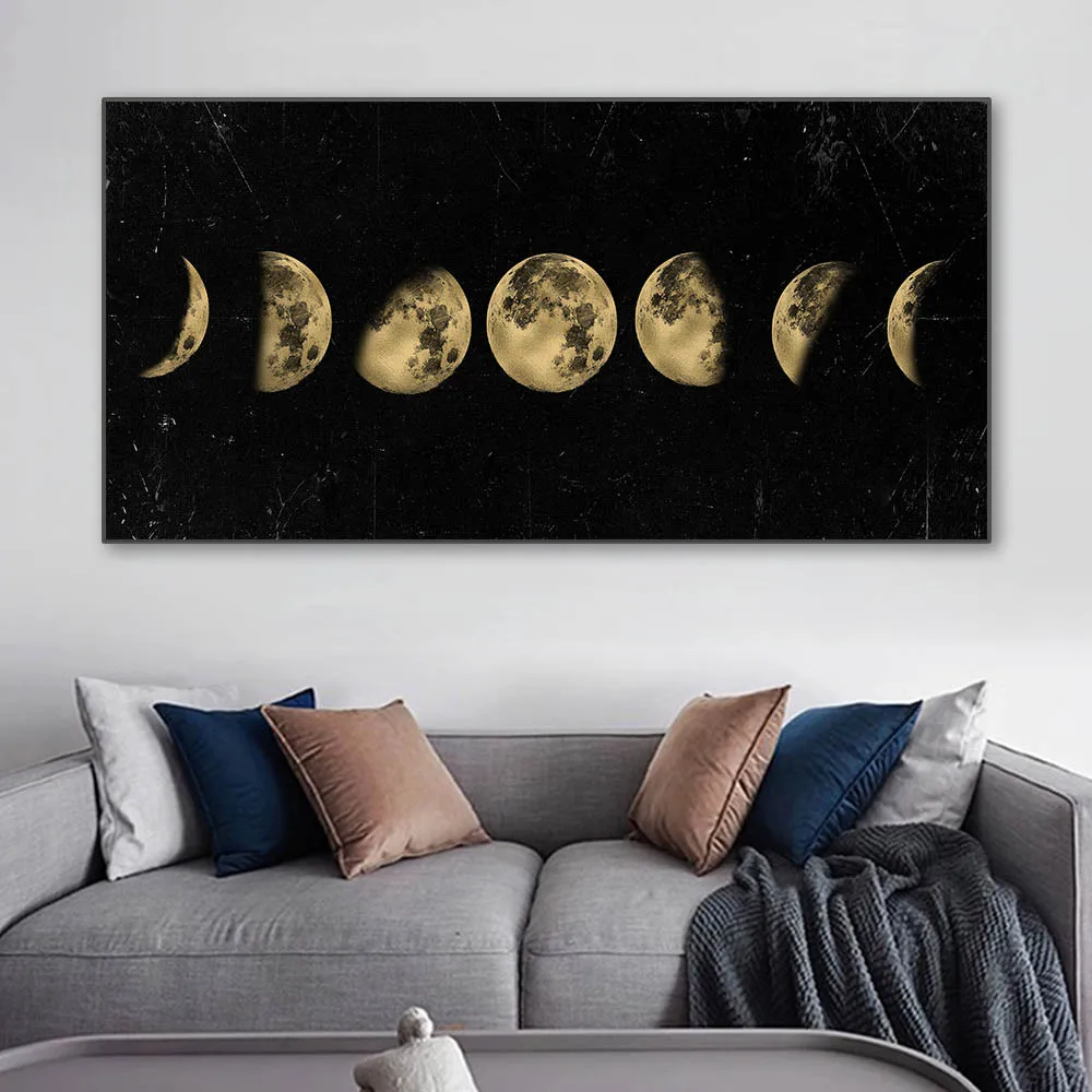 Black and Gold Eclispe of The Moon Canvas Painting Lunar Phases Landscape Wall Art Poster and Prints Pictures for Living Room