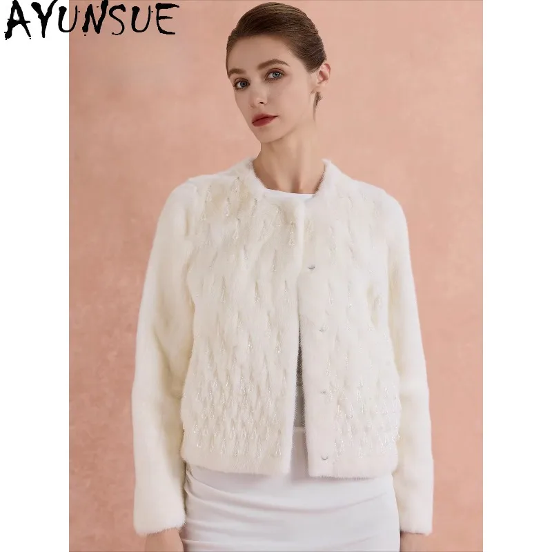 AYUNSUE Echt Minkbontjassen voor Dames, Saga Bontjas, Witte Bontjas, Elegante Buitenkleding voor Dames, Dameskleding, Manteau Femme