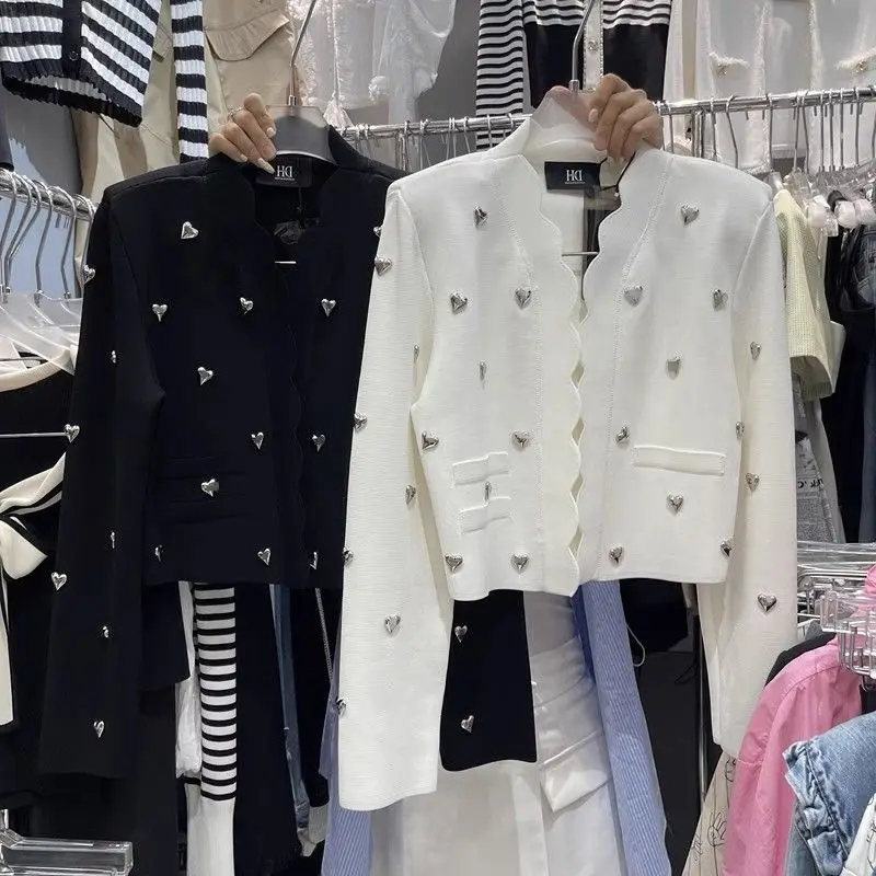 

2025 spring and autumn new heavy industry love rivet knitted cardigan fashion slim and thin short coat top women