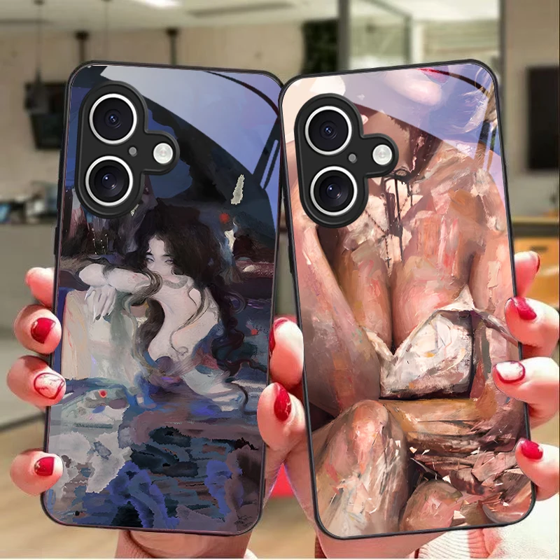 

Art oil painting girl For Apple iPhone 16E 16 E 11 13 15 P ro 14 Pro Max 12 Mini 7 8 Plus XR XS Black tempered glass phone case