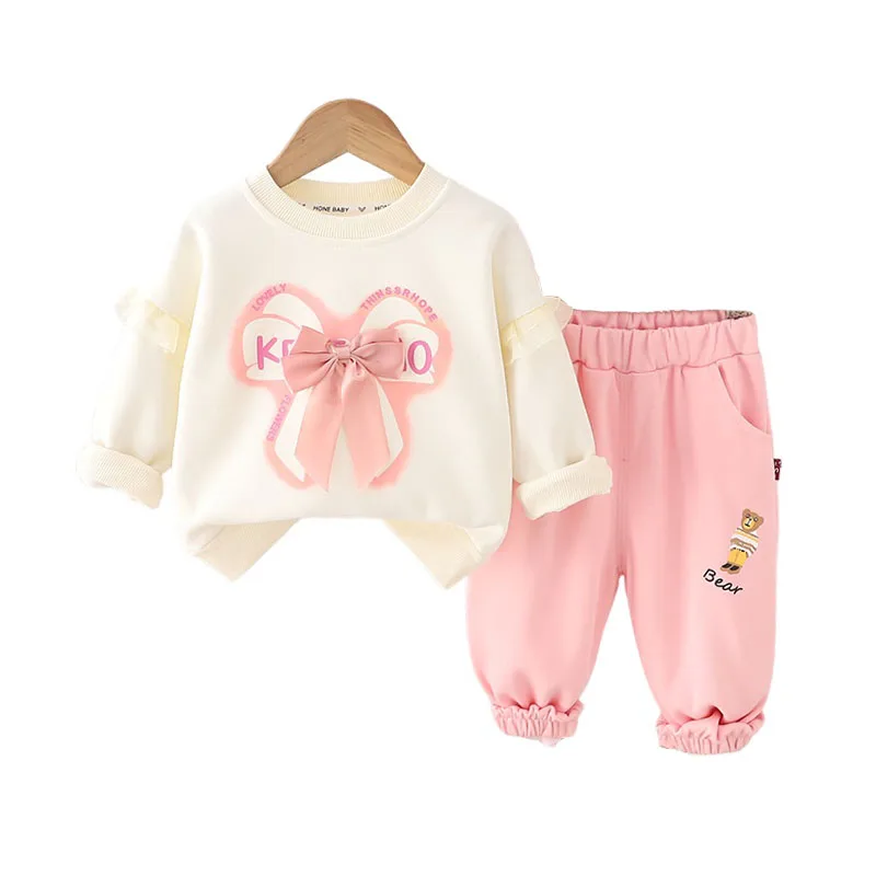 

Бутик-наряд для девочек, весна-осень 2024, одежда для маленьких девочек от 9 до 12 месяцев, повседневный пуловер с длинными рукавами и штаны с бантом, детский комплект