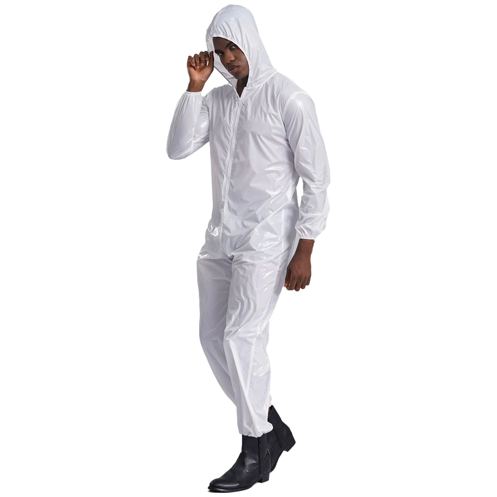 Men Women PVC Resistant Coated Chemical Splash Hooded Coverall Long Sleeve Front Zipper Disposable Coverall Full Bodysuit