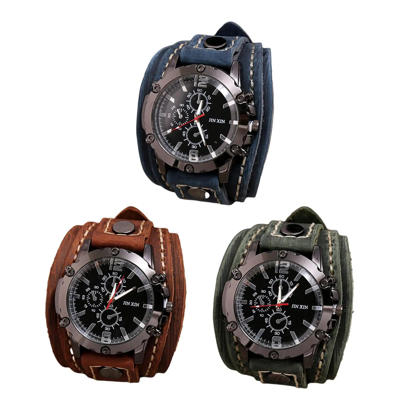 Punk Vintage Wrist Watch, Wide PU Leather Belt Strap Cuff Roman Numerals Wristwatch, Quartz Watches for Men Women