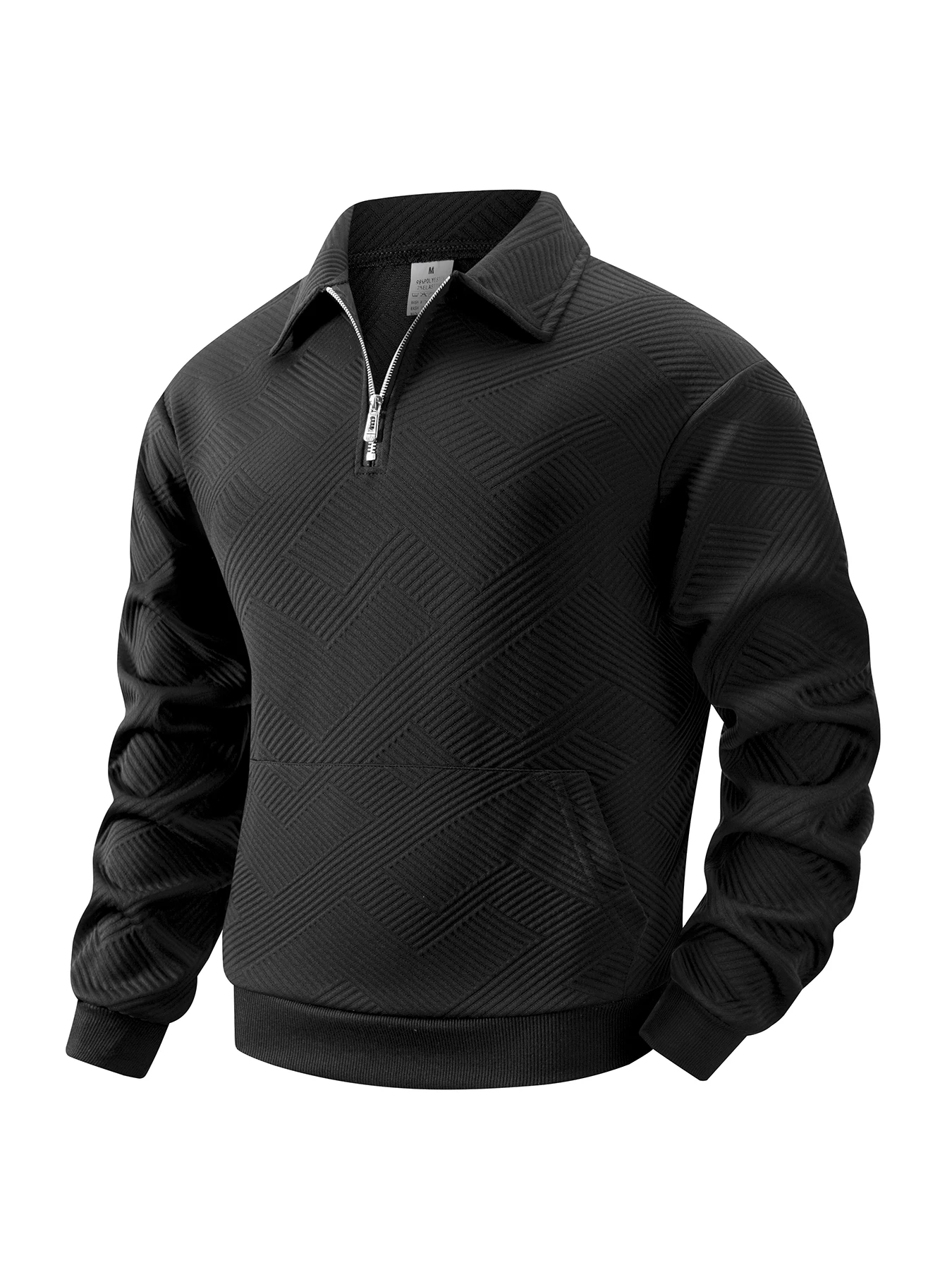 Herren Geometrischer Jacquard Viertelreißverschluss-Polo-Sweatshirt Langarm Gerippter Saum Kängurutasche Atmungsaktiver Strick-Freizeitpullover – Detail 16