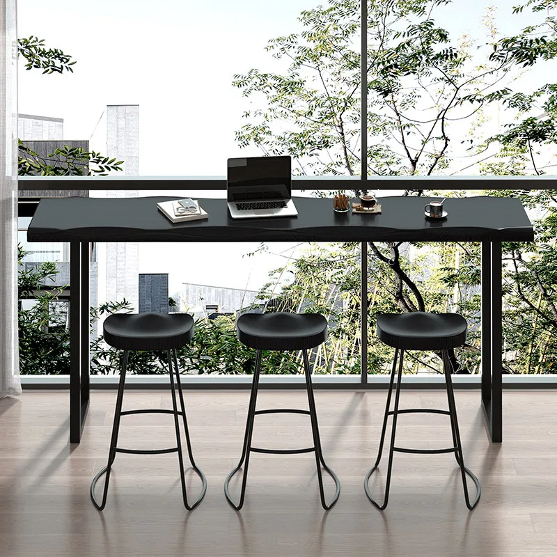 Black Solid Wood Bar Counter, Round Table, Long Desk For Office And Relaxation, High-legged Table Window-side Bar Counter Table