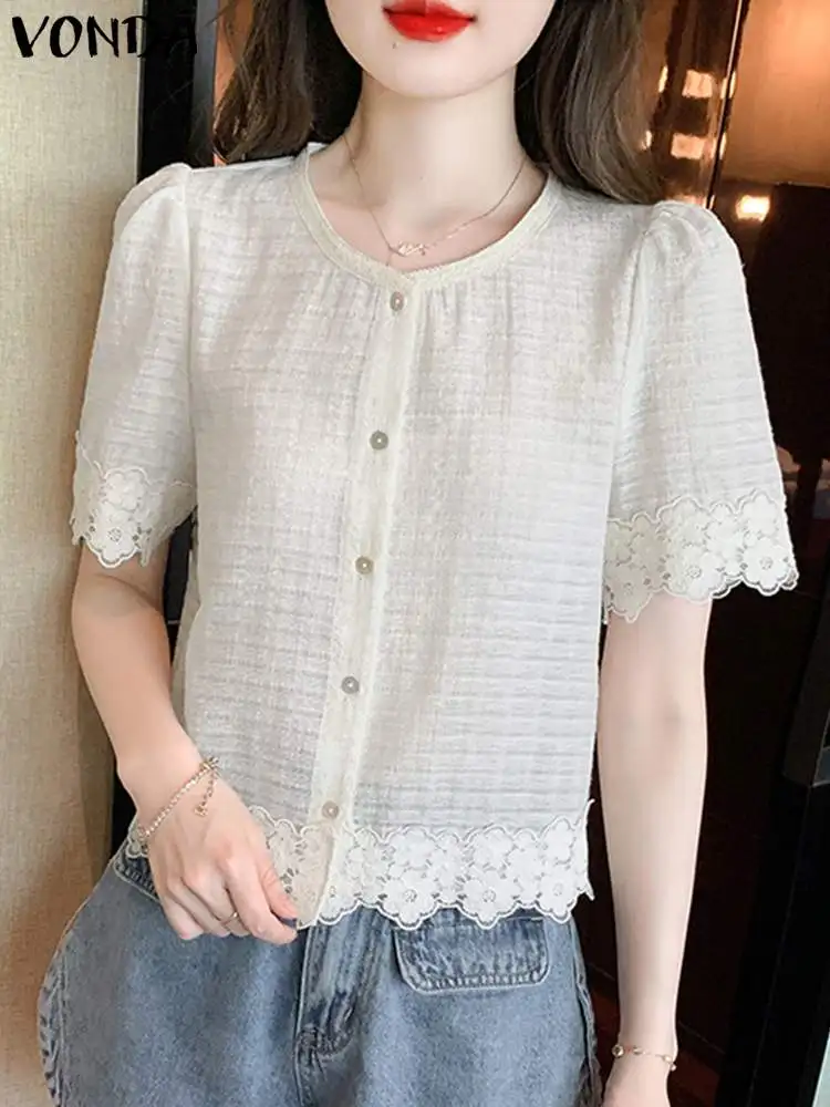 

VONDA Summer Women Loose Tops 2024 Fashion Casual Blouse Short Sleeve Lace Crochet Floral Hem Shirts Elegant Blusas Femininas