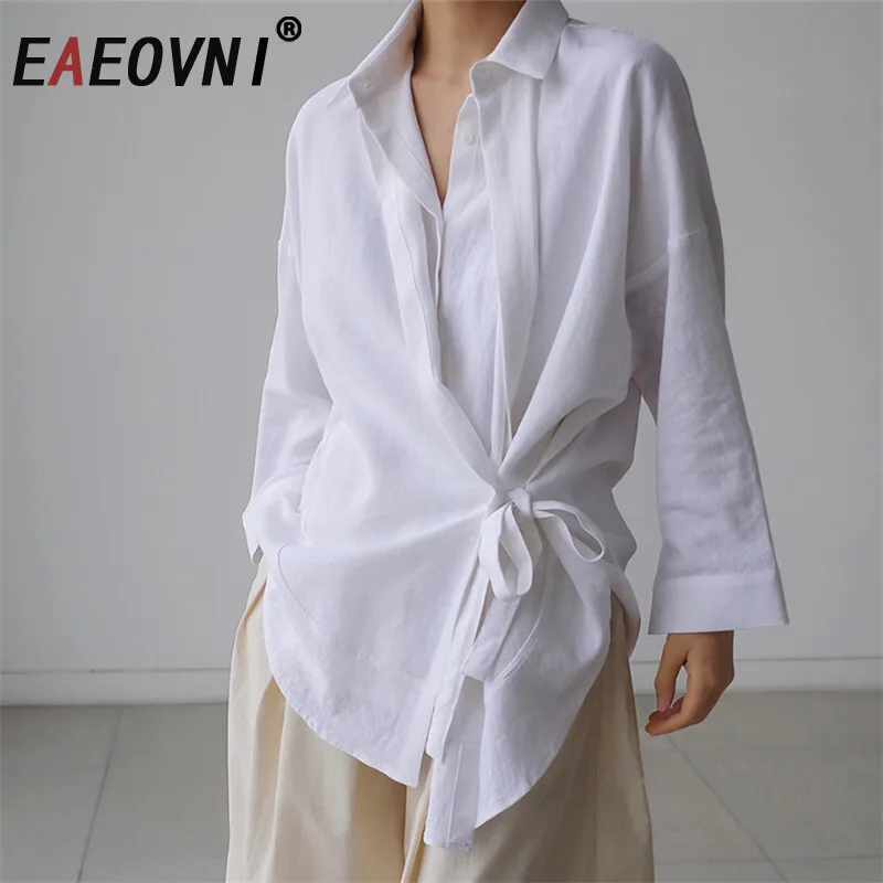 

EAEOVNI Linen Fashion White Blouse Women Sunscreen Lace-up Design Long Sleeve Shirt Versatile 2025 Casual New Clothing 1A1141
