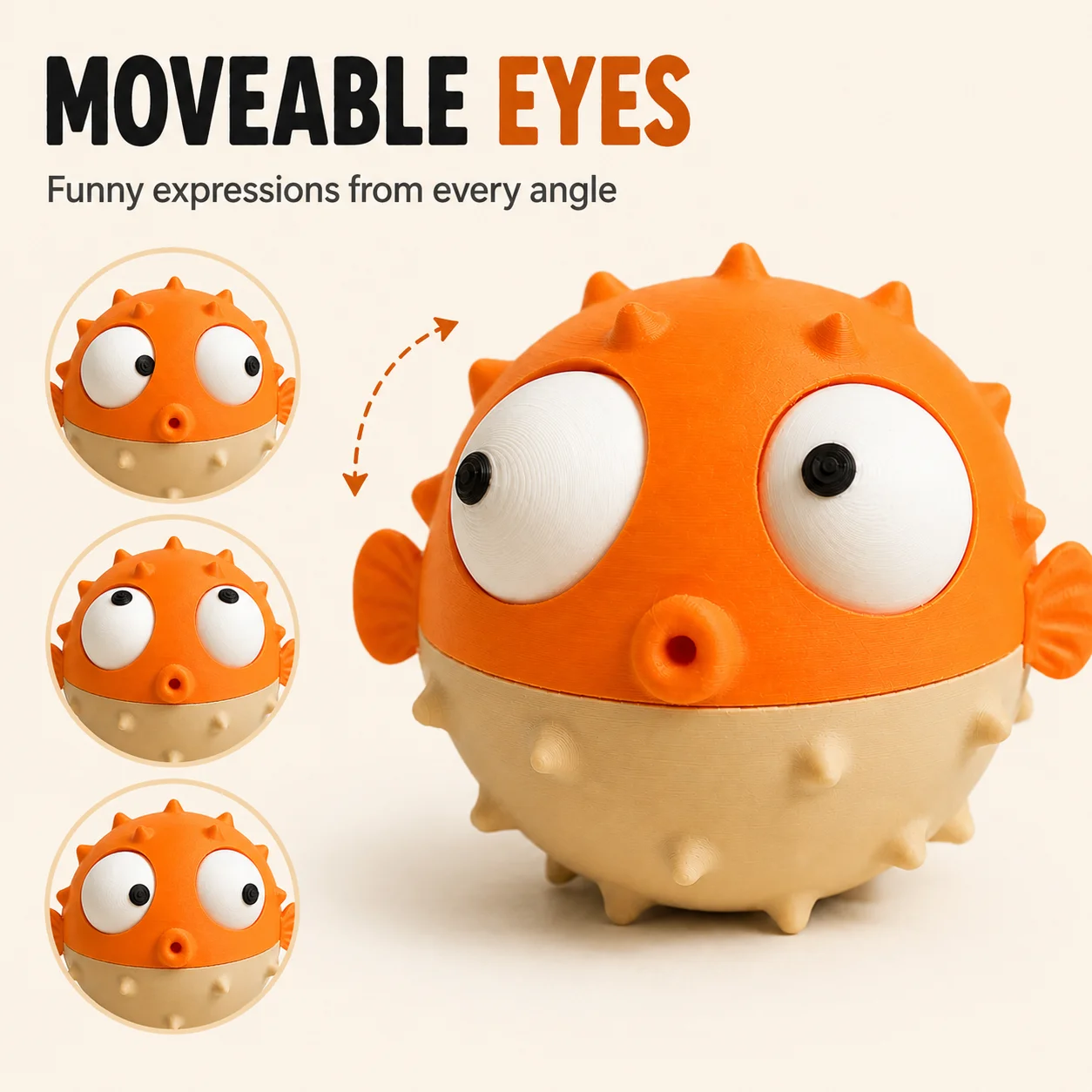 Cute Pufferfish Toy with Movable Eyes, 3D Printed Goofy Desktop Decor, Funny Round Fish Figurine Gift - view 2