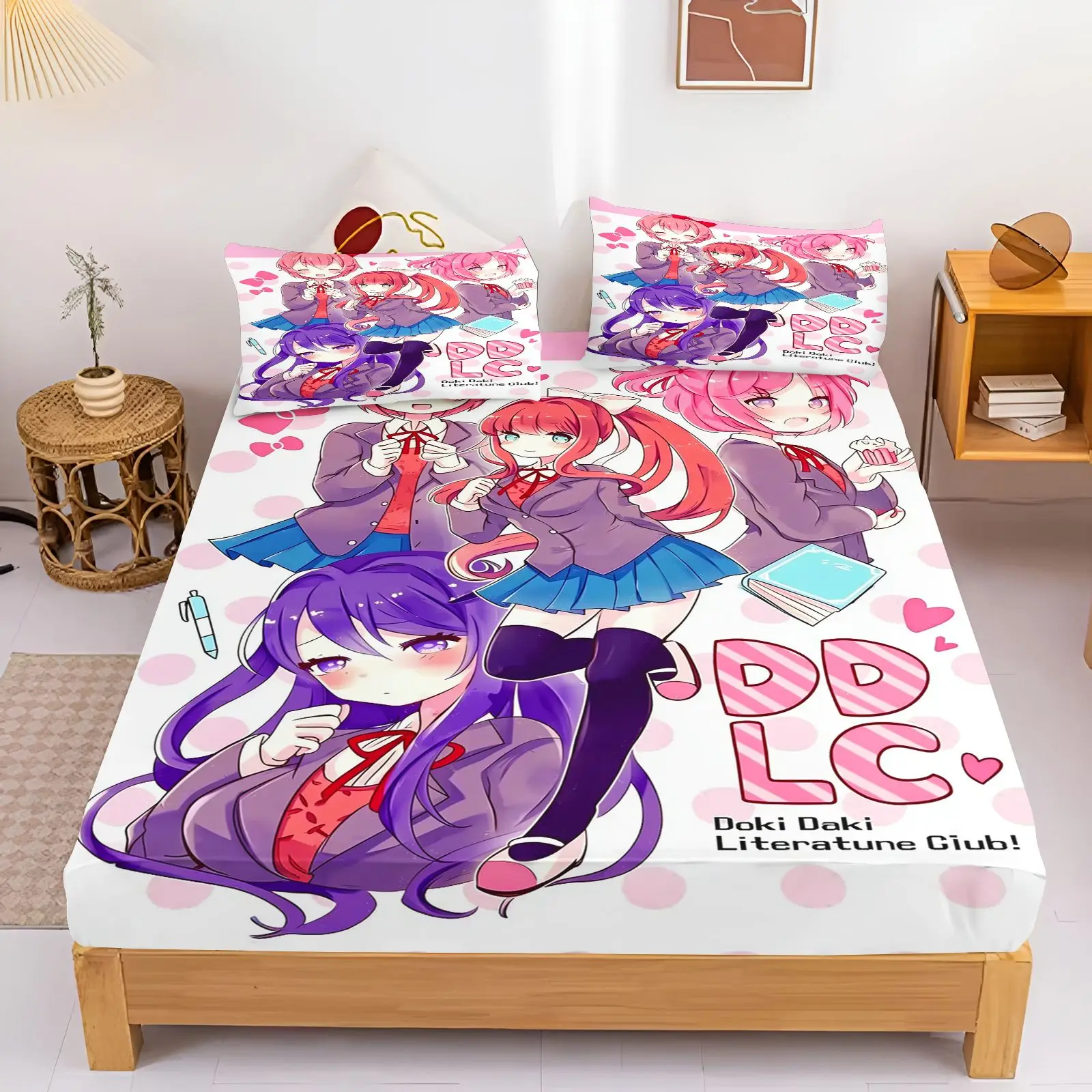Doki Doki Literature Club Bedding Set Anime Girl Printed Fitted Sheet Pillowcases Pink Polka Dot Mattress Cover Bedroom Home