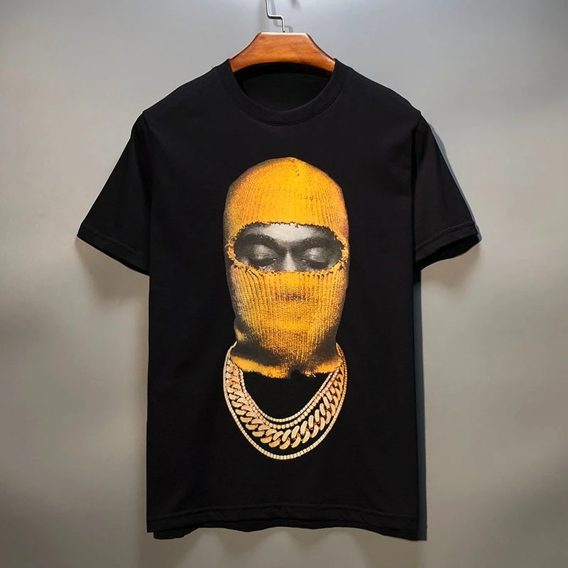 

2025 Summer Cotton T Shirt Men Women's Oversize Masked Profile Print Hiphop Style Short Sleeve Unisex Tee Streetwear