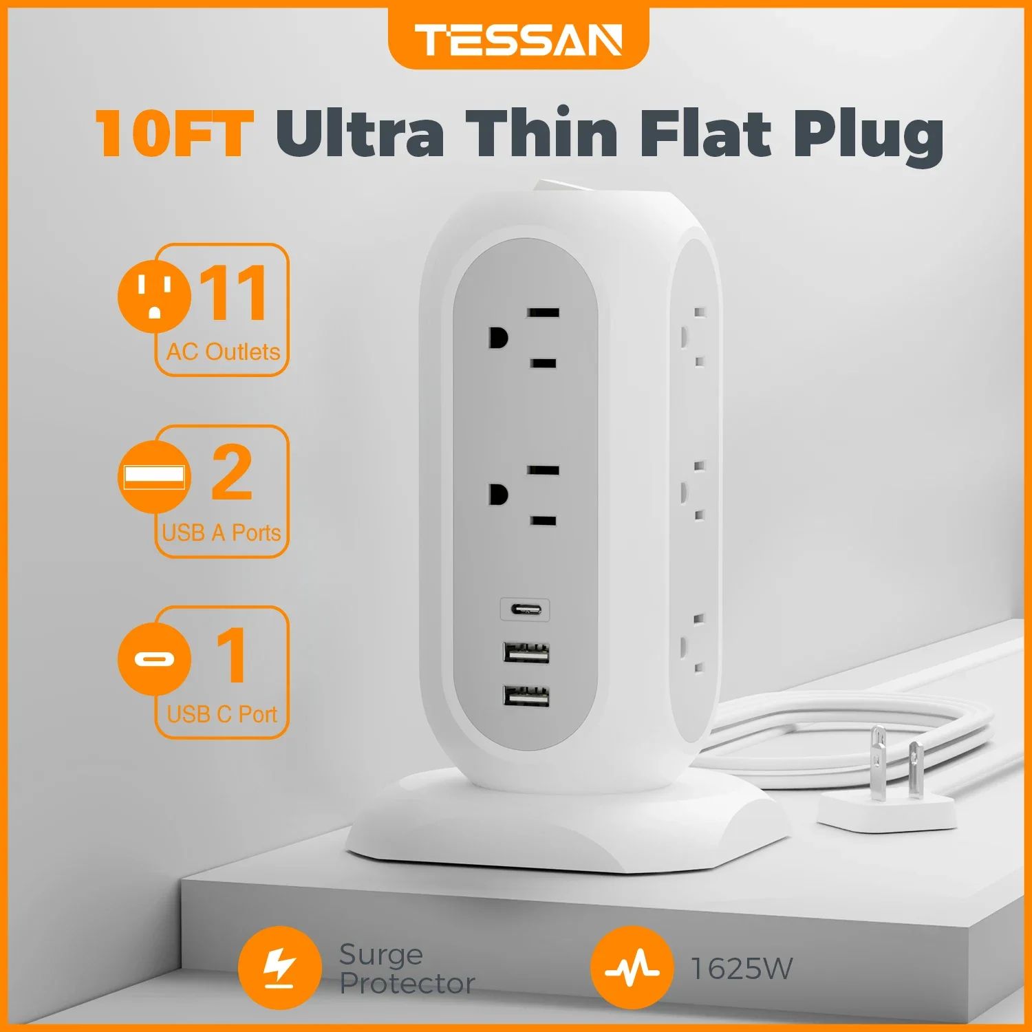 TESSAN Flat Extension Cord Tower Power Strip with 11AC Outlets 3USB Ports 10FT Multi Power Strip Vertical  with Surge Protection