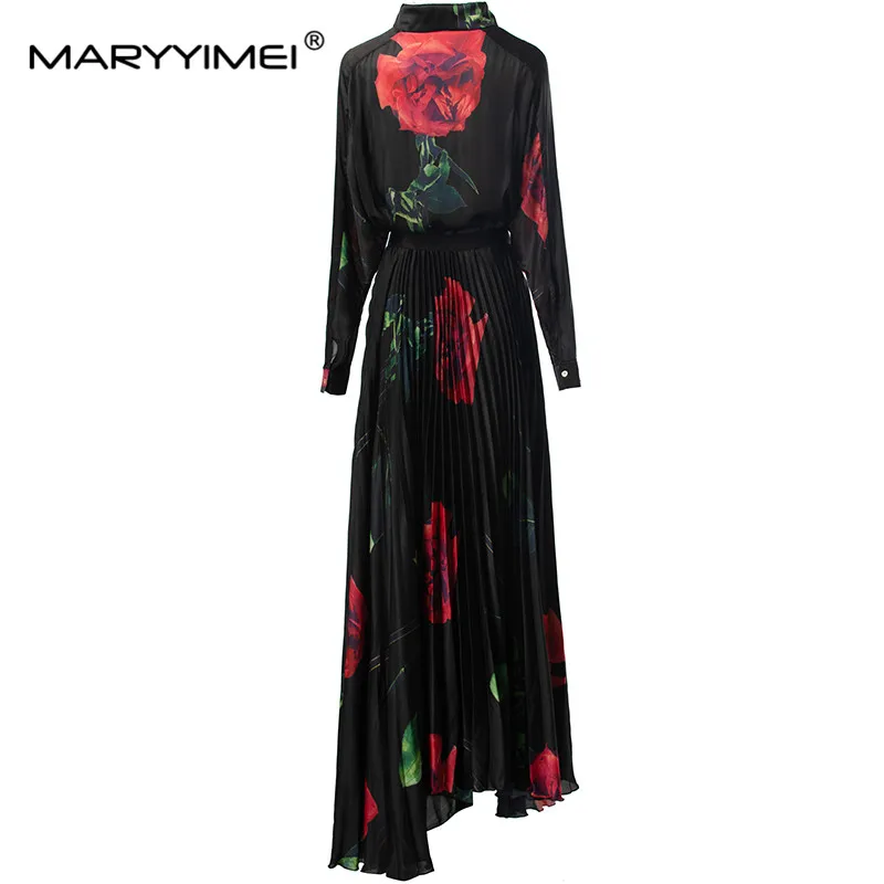 MARYYIMEI Spring Summer Women's Suit Turn-Down Collar Single-Breasted Long-Sleeved Tops+Pleated Half Skirt Print Two Piece Set