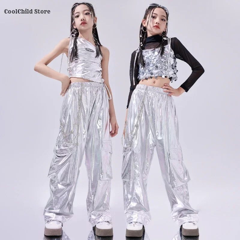 Hio Hop Girls Cool Silver Sequin Crop Top Dance Cargo Pants Kids K-pop Streetwear Children Jazz Girl Group Costumes Clothes Sets