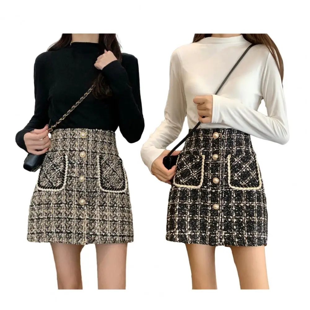 Fall Winter Plaid Tweed Skirt Womens Thick Woolen Pearl Button Front Pocket Glitter Mini Skirt Saia Feminina