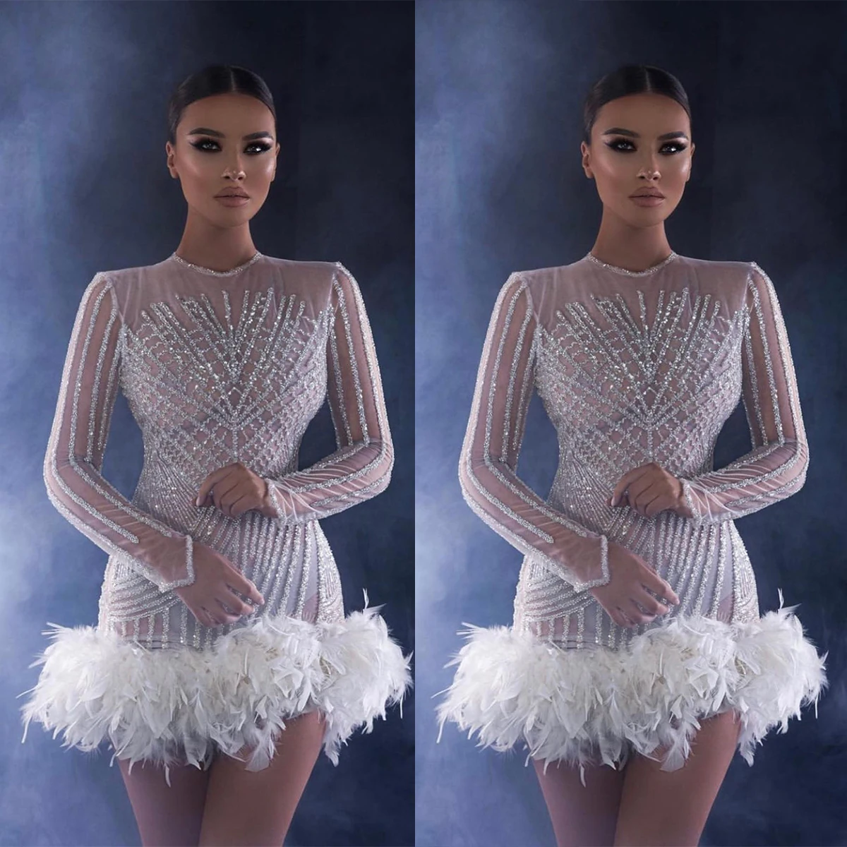 

Fancy Feathers Prom Dress Lace Long Sleeves Evening Gowns Illusion Glitter Mini Party Dresses Custom Made