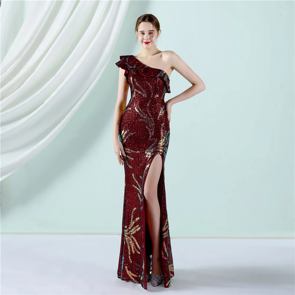 

New Women Off The Shoulder Elegant Evening Dress Sequins High Slit Party Gown Ruffles Floor Length Formal Women Robe De Soriee