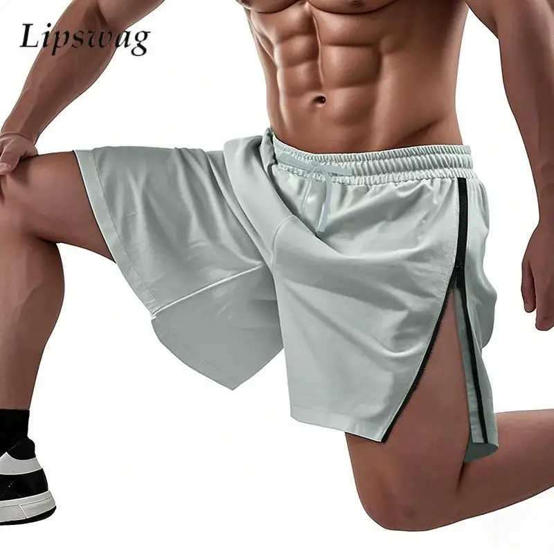 

Fashionable Patchwork Side Split Shorts Mens Stylish Zip-up Lace-up Loose Shorts For Men Summer Sports Fitness Straight Shorts