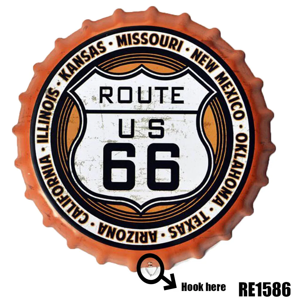 Route 66 Vintage Beer Bottle Cap Retro Plaque Wall Decor Metal Tin Signs Poster Room Bar Wall Decoration 35cm Round Metal Poster