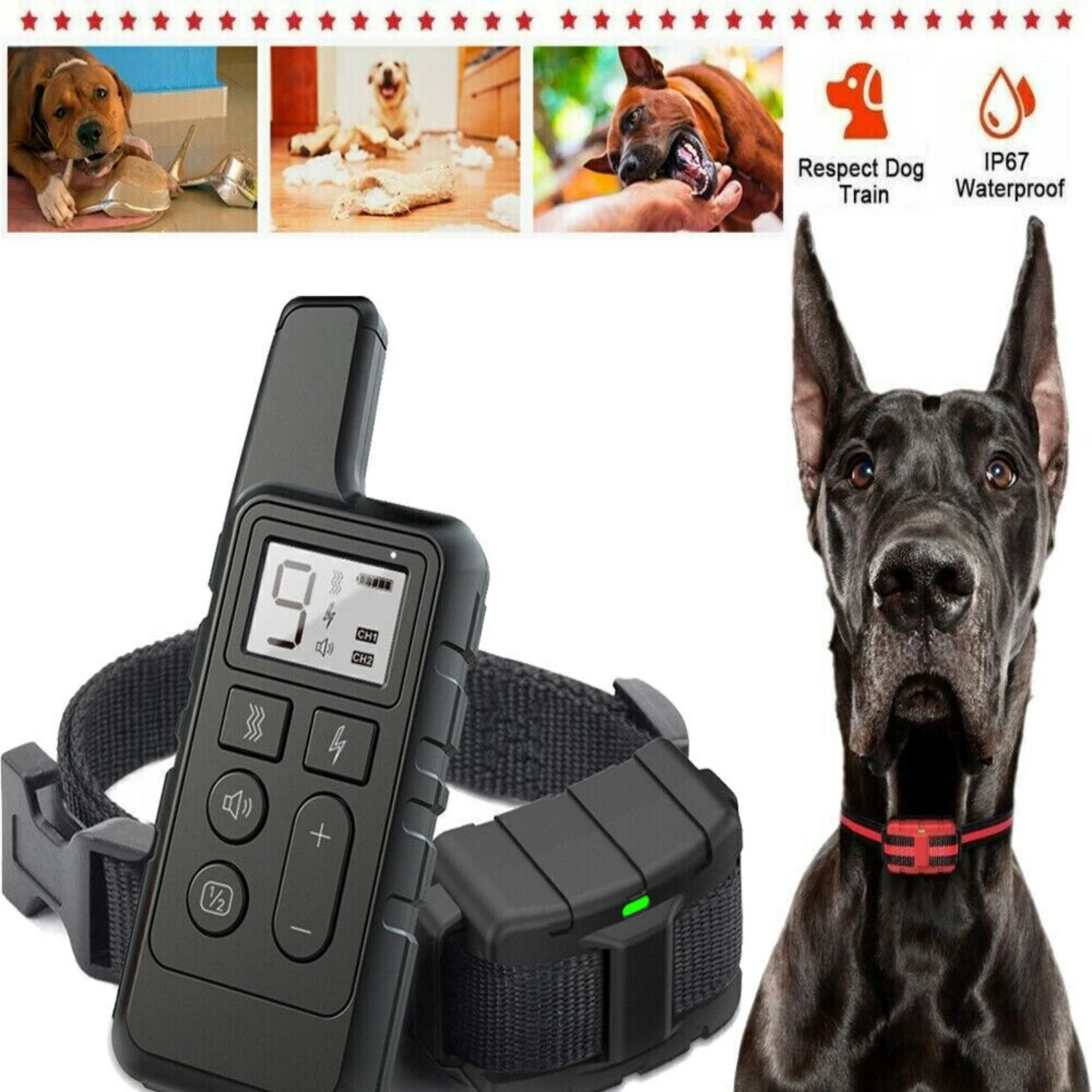 

Durable, waterproof, and highly effective remote pet trainer collar with rechargeable battery for dogs of all sizes. Offers 2700