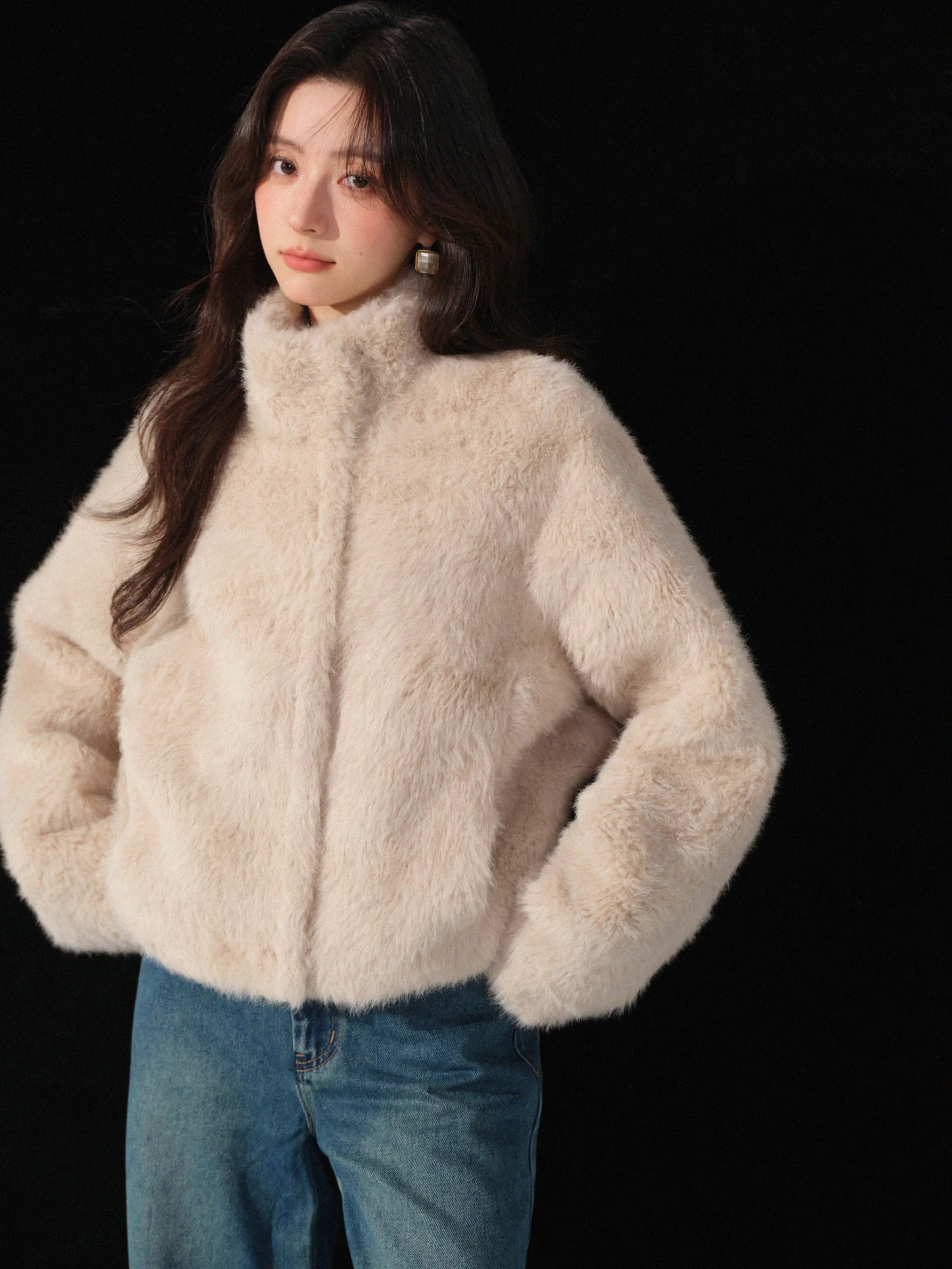 المرأة الشتاء الوقوف طوق أفخم سترة قصيرة سيدة دافئة مريحة ملابس خارجية لينة رقيق الملمس أنيقة عارضة اليومية ركاب معطف