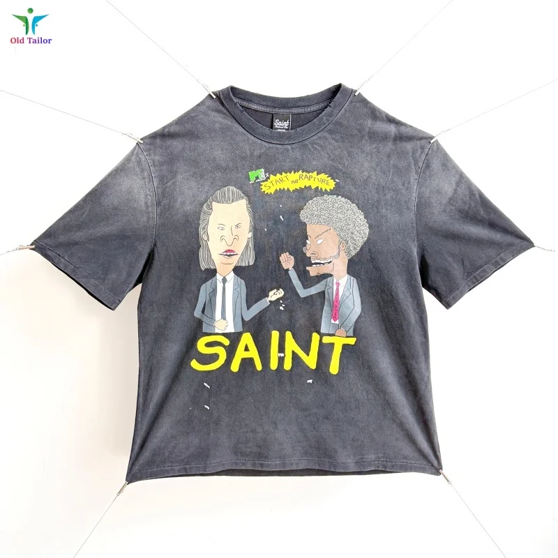 

Saint Novel Comic 26SS Тяжелая футболка из чистого хлопка с винтажной строчкой, мужская и женская повседневная стираная футболка