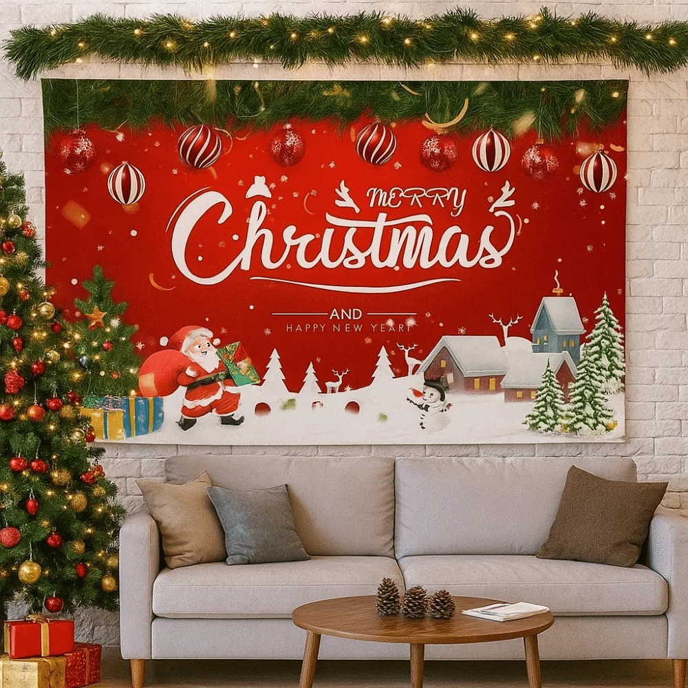 Rosso Buon Natale Fondale fotografico Panno Felice Anno Nuovo Tema Natale Sfondo Banner Conto alla rovescia Festa 180x110 cm